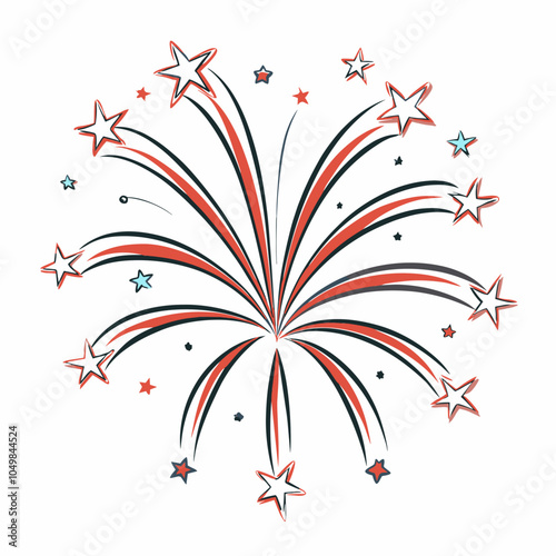 Colorful fireworks display with red and blue stars celebrating a festive occasion
