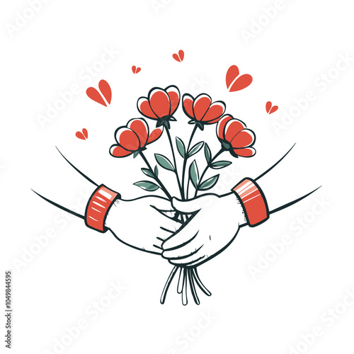 Hands exchanging a bouquet of red flowers, symbolizing love and affection