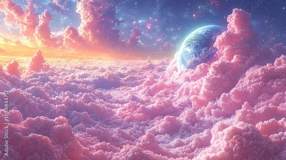 A surreal landscape of pink clouds with a distant planet and starry sky. A surreal landscape of pink clouds with a distant planet and starry sky.