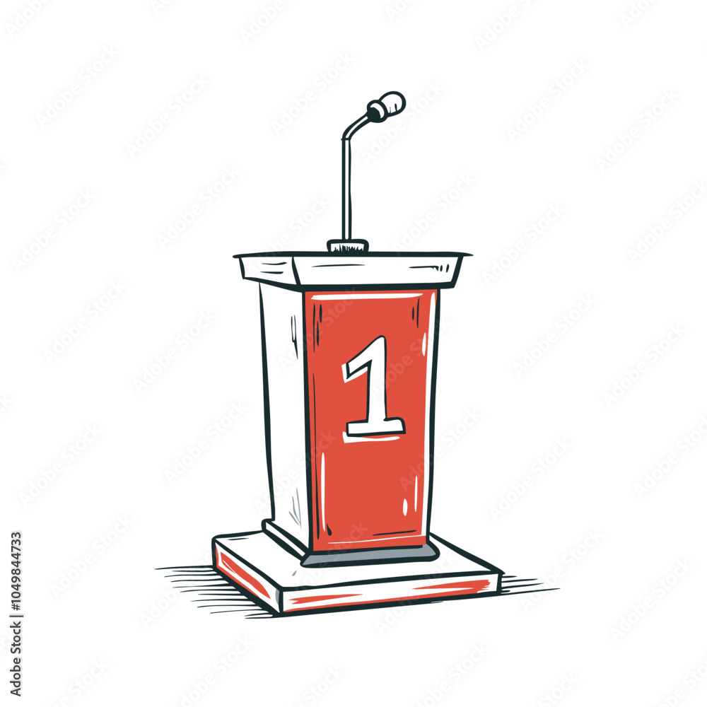 Red and white podium with microphone designed for award ceremonies and public speaking Red and white podium with microphone designed for award ceremonies and public speaking
