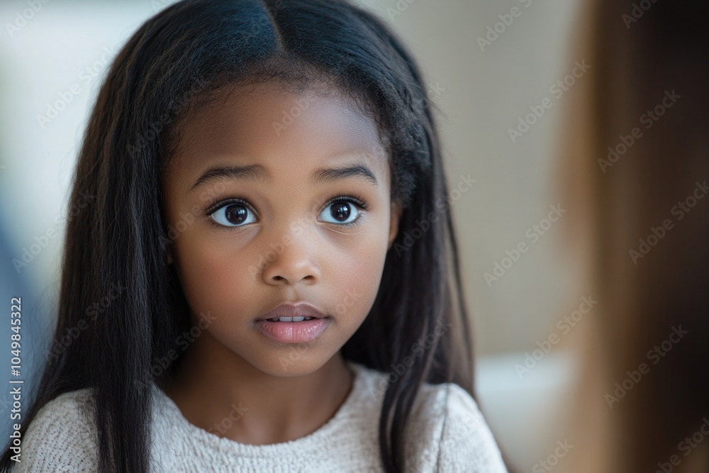 A young girl with long hair looks directly at the camera A young girl with long hair looks directly at the camera