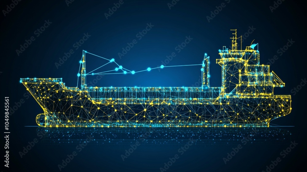 Fototapeta premium Abstract Cargo Ship, Modern Transport And Connectivity, Glowing Lines On Dark Blue Background.