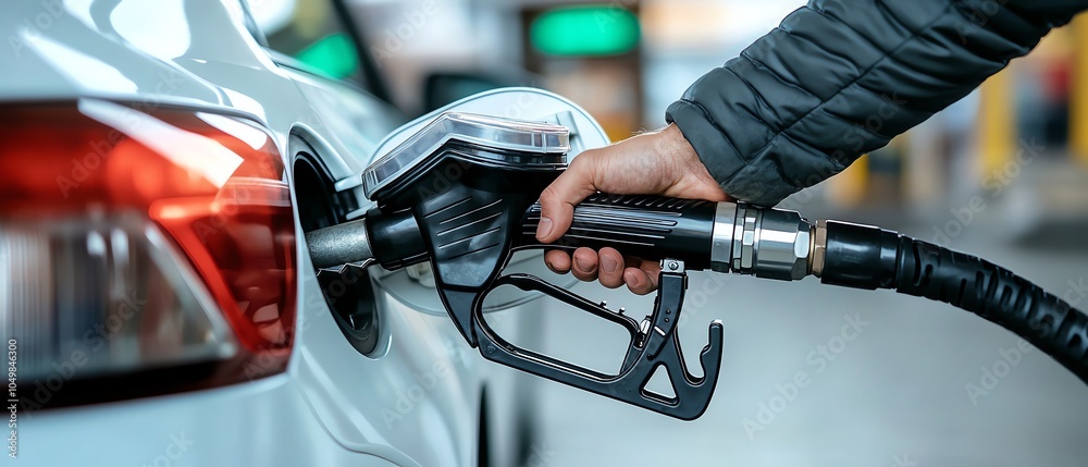 A close-up of a hand holding a fuel nozzle while refueling a car at a gas station, showcasing modern fueling technology.