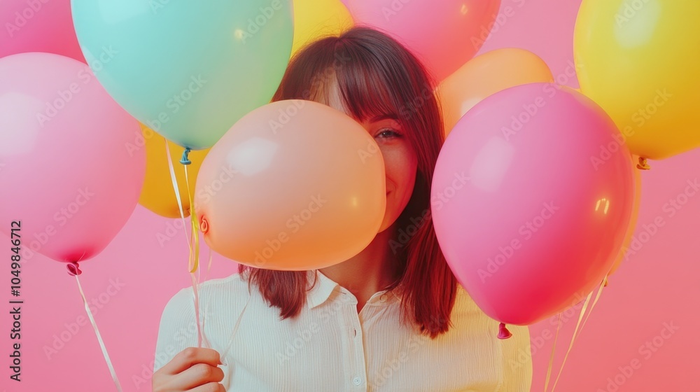 Obraz premium A woman holds a bunch of balloons in front of her face, a playful and whimsical scene
