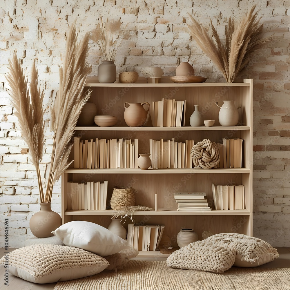 Fototapeta premium A beige wood bookshelf styled with muted books, dried pampas grass in ceramic vases, and trailing vines