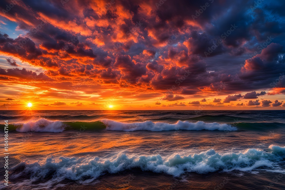 Ocean sunset a sunset over the ocean with dramatic clouds vibrant colors and gentle waves, AI Generated