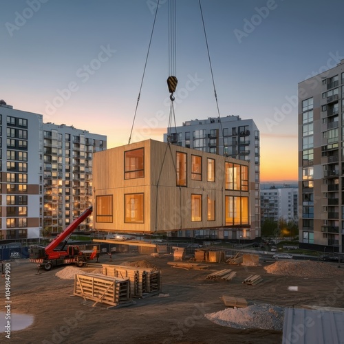 Wallpaper Mural Construction site at sunset, modular building unit being lifted by crane, urban cityscape, high-rise apartment buildings, golden hour lighting, industrial scene, architectural photography, cinematic a Torontodigital.ca