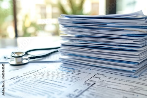 Stack of medical documents and a stethoscope on a desk in a healthcare setting photo