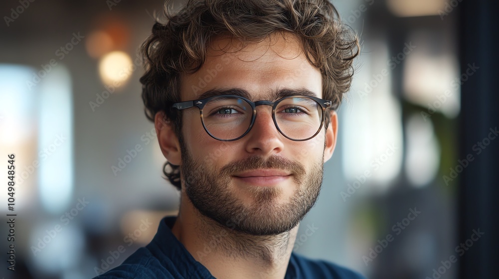 Fototapeta premium Confident young man with glasses smiling in a modern workspace, showcasing professionalism and approachability.