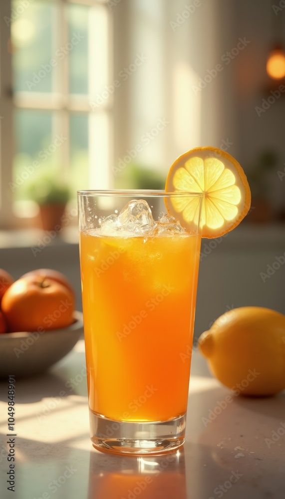 Clear Glass of Vibrant Orange Juice with Lemon Slice Garnish.