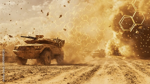 Realistic Desert War Scene with Glitch Effects photo