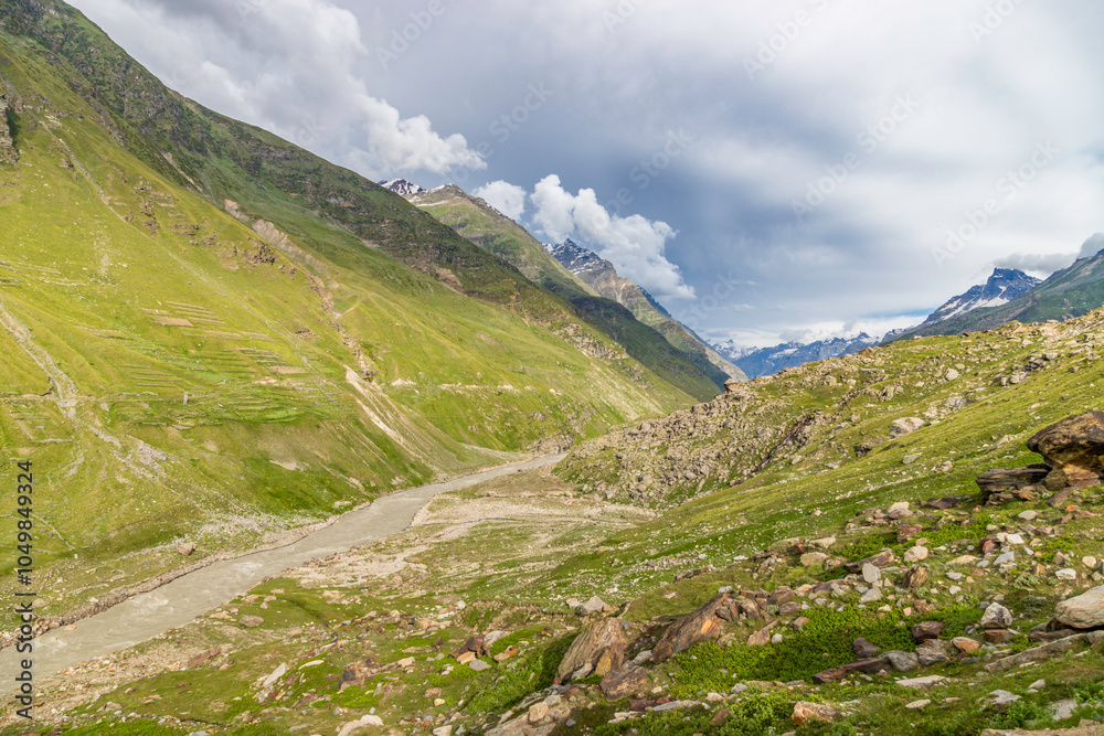 Beautiful himalayan mountain landscape in the evening at jabber point and chenab river in lahul, Gramphu-Batal-Kaza road himachal pradesh, India