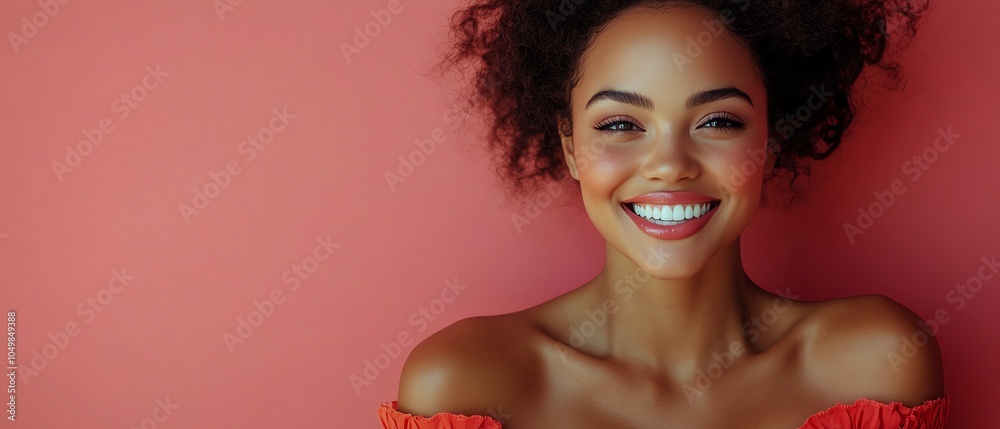 Fototapeta premium A smiling woman with curly hair poses against a coral background, exuding warmth and joy in her expression.