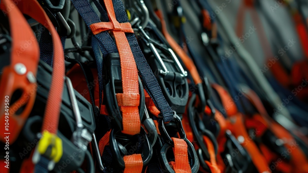 Fototapeta premium A close-up of industrial safety equipment, such as harnesses and respirators, showcasing protection for workers