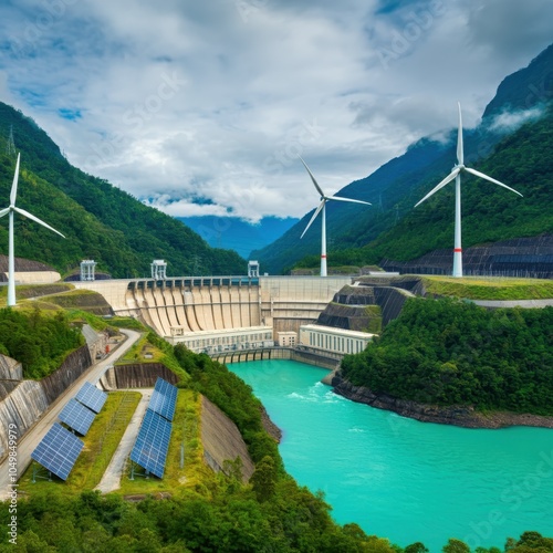 Wallpaper Mural Renewable energy landscape, hydroelectric dam, wind turbines, solar panels, mountain valley, turquoise water reservoir, cloudy sky, green forested hills, sustainable power generation, aerial view, pho Torontodigital.ca