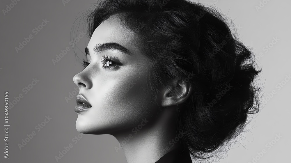 Naklejka premium Elegant profile portrait of a woman in black and white, showcasing sophistication and beauty against a minimalistic backdrop.