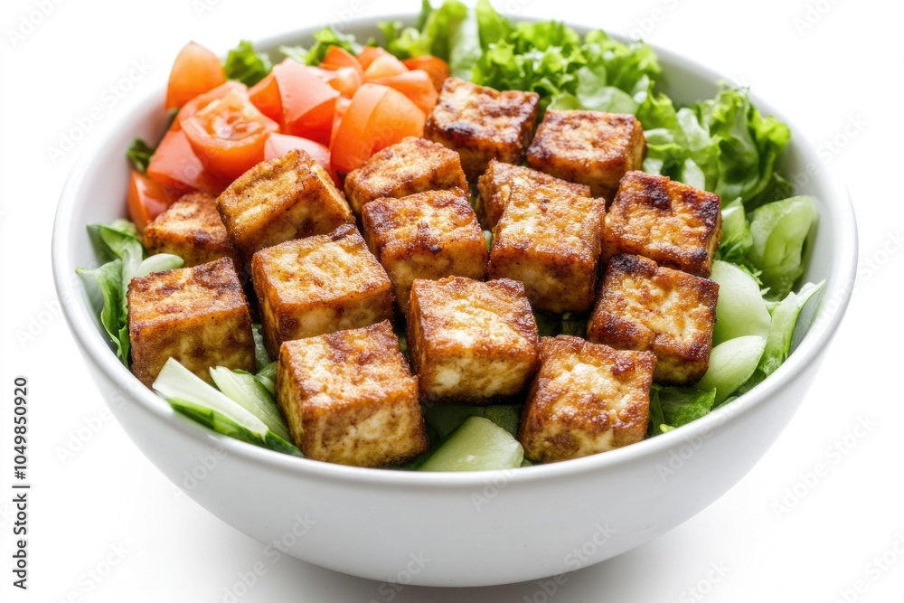 A healthy snack or meal option featuring tofu and mixed vegetables in a white bowl A healthy snack or meal option featuring tofu and mixed vegetables in a white bowl