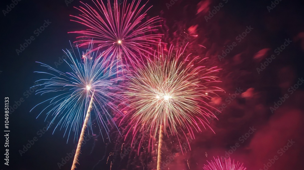 A close-up of vibrant fireworks bursting in colors against a dark sky, perfect for holiday or celebration themes A close-up of vibrant fireworks bursting in colors against a dark sky, perfect for holiday or celebration themes