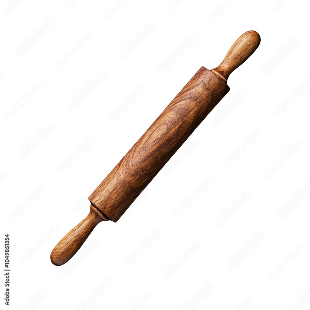 Wooden rolling pin with smooth finish on transparent background