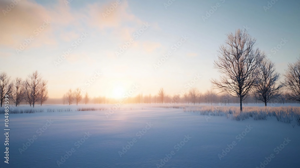 A serene winter landscape showcasing snow-covered fields and trees under a beautiful sunrise ambiance. A serene winter landscape showcasing snow-covered fields and trees under a beautiful sunrise ambiance.