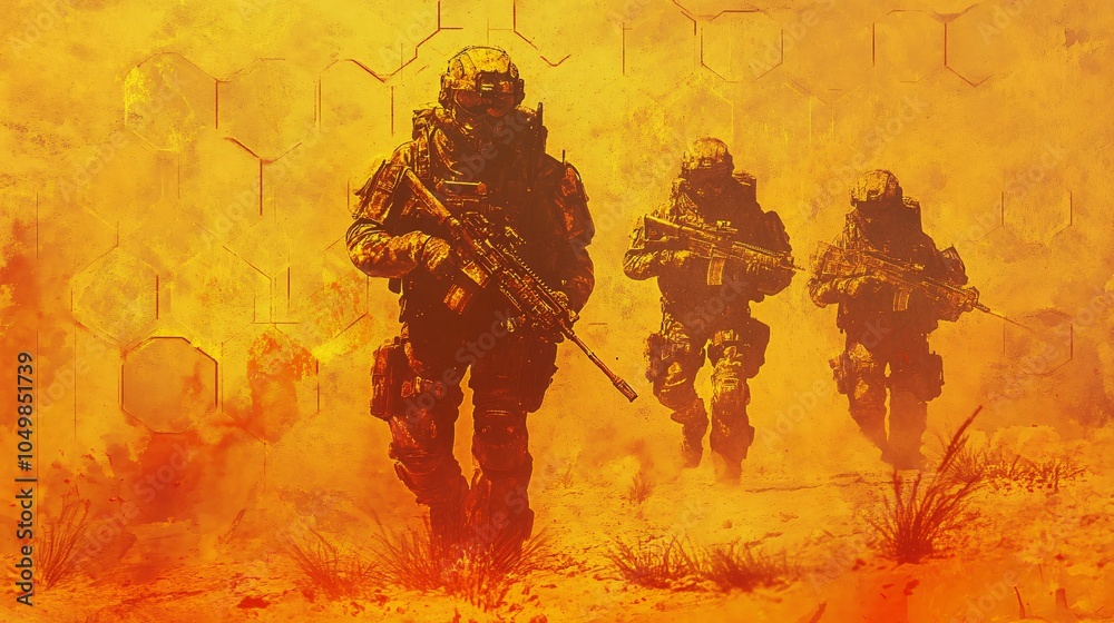 Naklejka premium Soldiers in Desert with Graphic Textures