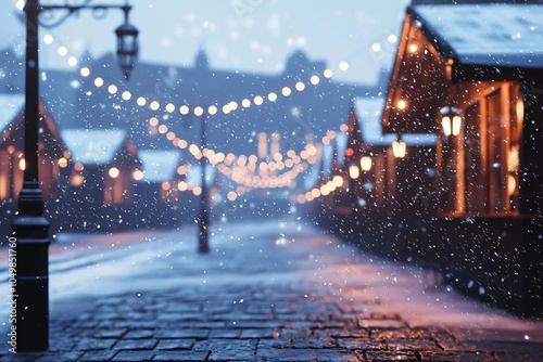 A serene winter night scene with glowing lights, snowflakes falling gently on a quaint market street lined with charming wooden stalls. photo