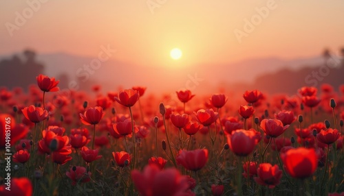  Vibrant sunset over a field of red flowers