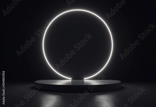 Dark Minimalist Platform with Circular Frame and Neon Lighting