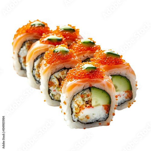 Tobiko roll with flying fish roe and cucumber, presented in a professional food photography style, angle view composition, isolated on white background 

 photo