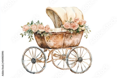 A watercolor illustration of a baby carriage decorated with flowers