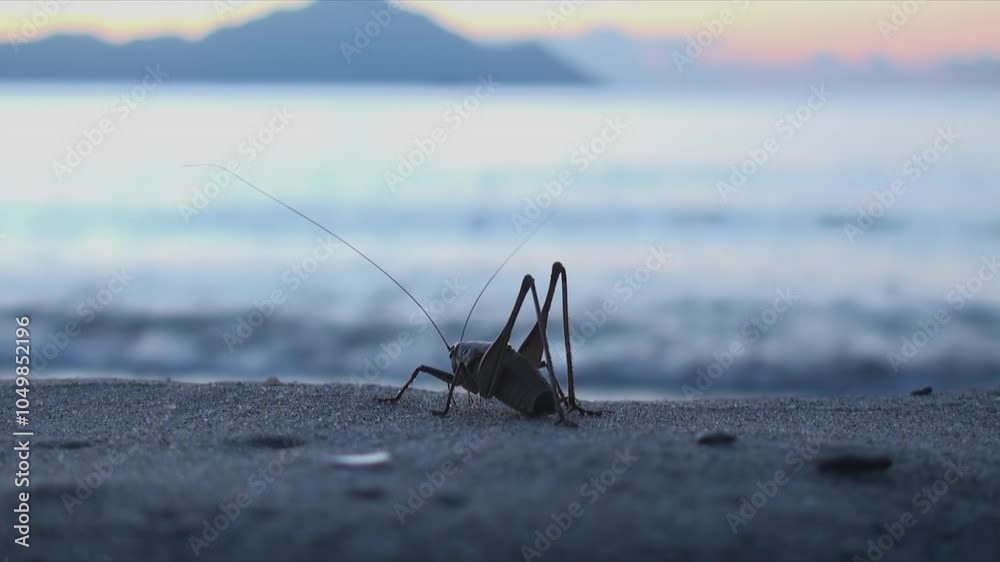 The huge grasshopper on a sandy beach at sunrise The huge grasshopper on a sandy beach at sunrise