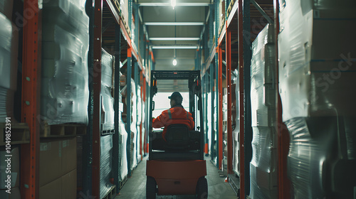 Employee driving forklift through warehouse, safe and efficient goods transport
