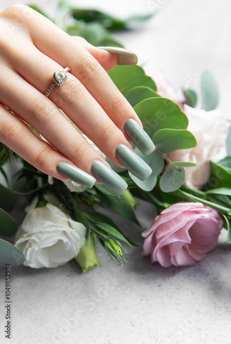 Elegant hand adorned with a ring showcasing stylish green nails beside a bouquet of soft pink and white flowers with greenery