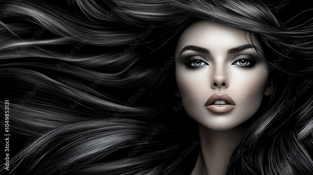 Obraz premium Close-up portrait of a beautiful woman with long flowing black hair.