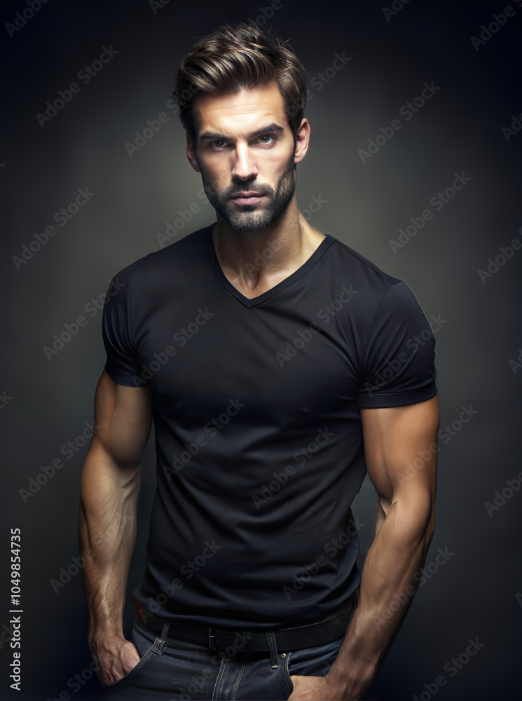 A well-built man poses confidently in a black T-shirt against a dark background in a studio setting. Generative AI A well-built man poses confidently in a black T-shirt against a dark background in a studio setting. Generative AI
