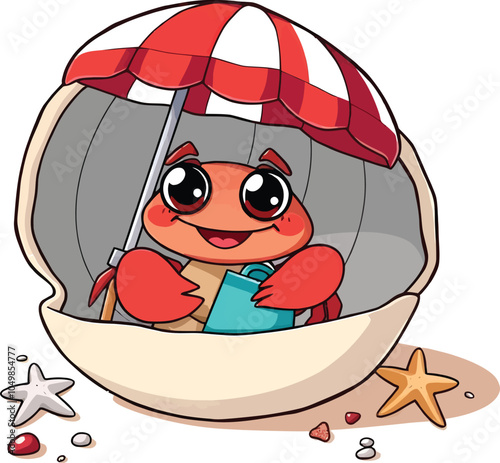 A Cute Hermit Crab With Pleasant Smiles Crawling In Shell With Happy Expression Cartoon Vector Illustration