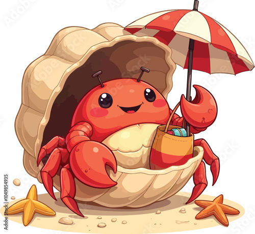 A Cute Hermit Crab With Pleasant Smiles Crawling In Shell With Happy Expression Cartoon Vector Illustration