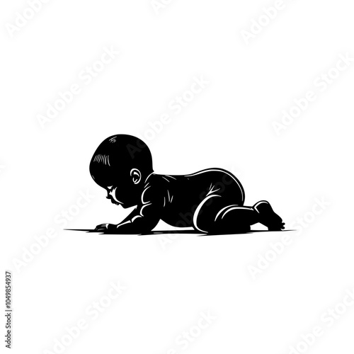 Silhouette of Crawling Baby in Black and White, Minimalist black silhouette of a crawling baby, symbolizing innocence, growth, and early childhood in a simple, elegant design.

