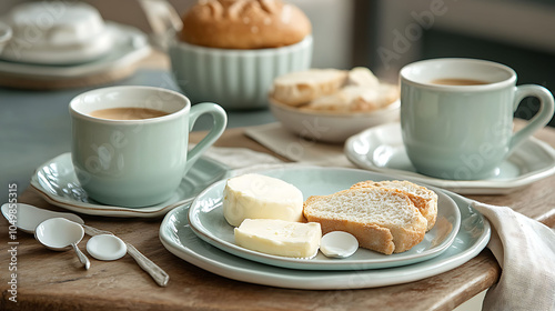 Inviting brunch table delightful crockery featuring dessert spoons bread and butter plates and coffee cups for a cozy meal photo