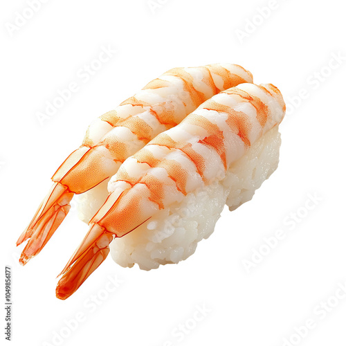 Ebi nigiri sushi with shrimp on rice, showcasing the delicate texture and presentation of the dish, isolated on white background 

 photo