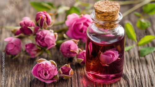 Rose essential oil in glass bottle, surrounded by pink rose buds and petals on an aged wood surface, soft and soothing tones