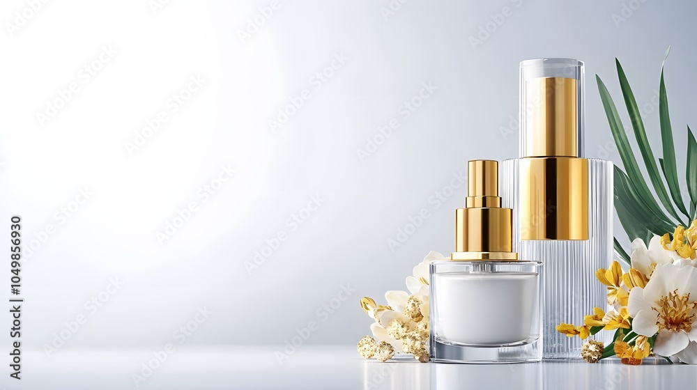 Elegant skincare bottles surrounded by natural elements Elegant skincare bottles surrounded by natural elements