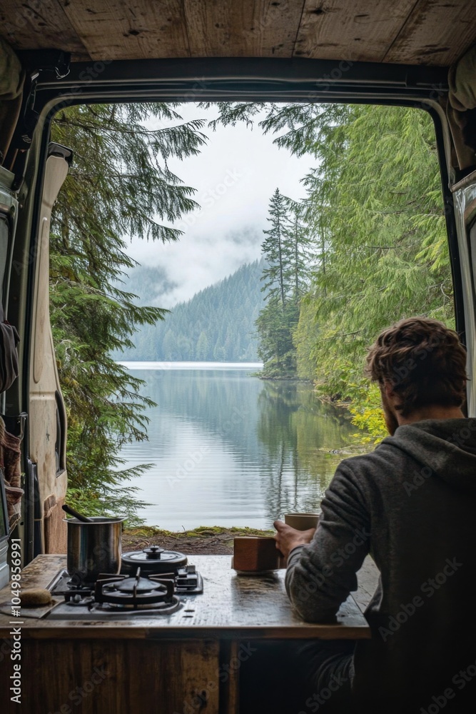 Obraz premium Cozy van lifestyle: A man enjoying a serene lakeside view, sipping coffee amidst lush greenery, embracing nature and adventure in the great outdoors.