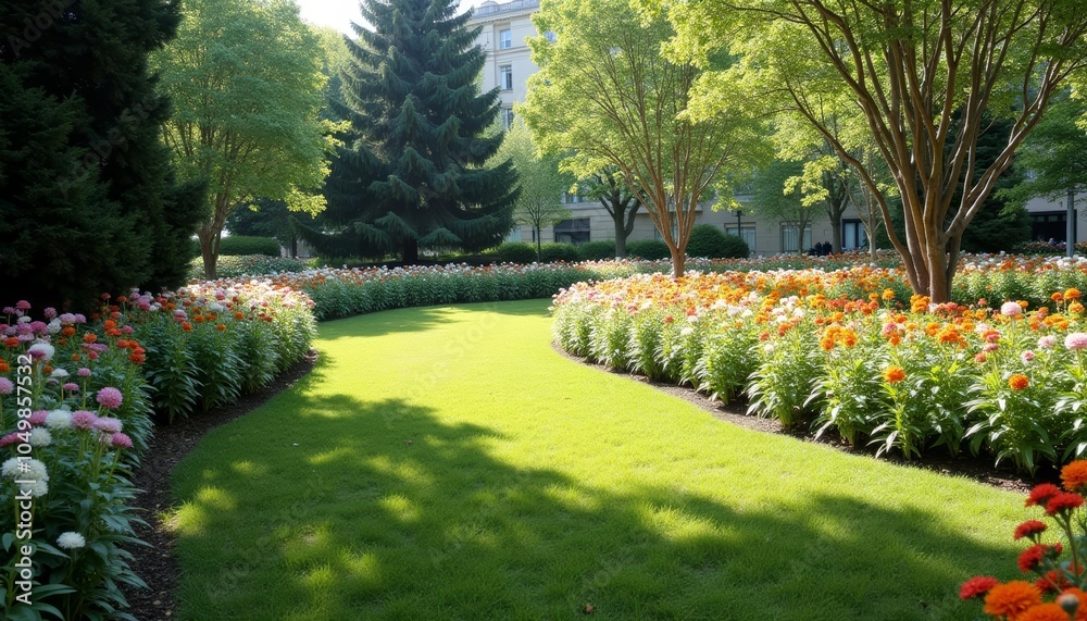 Obraz premium Vibrant garden path leading to serene building