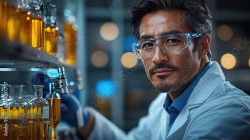 A focused scientist in a lab coat examines samples in a laboratory filled with glassware and colorful liquids.