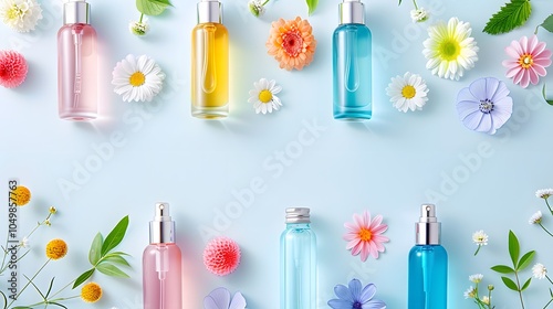 Vibrant bottles and blossoms for refreshing essence