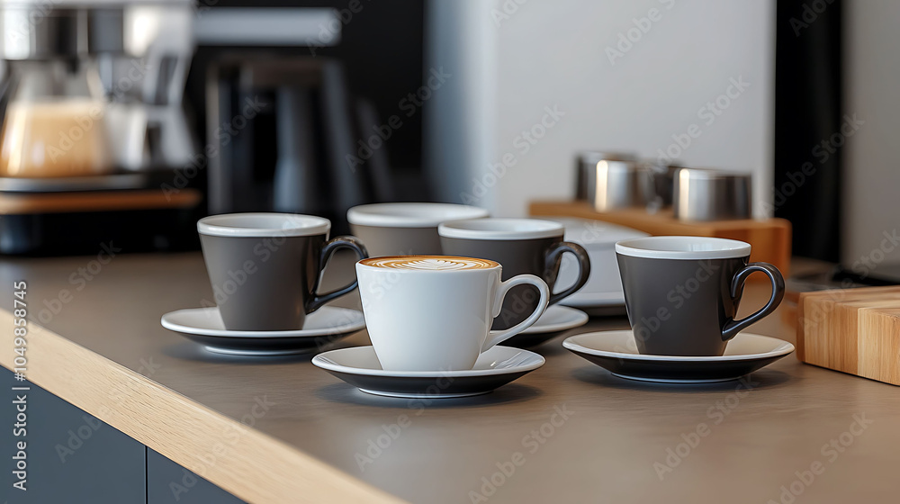 Sophisticated kitchen counter setup sleek mugs espresso cups and saucers perfect for a refined coffee break Sophisticated kitchen counter setup sleek mugs espresso cups and saucers perfect for a refined coffee break