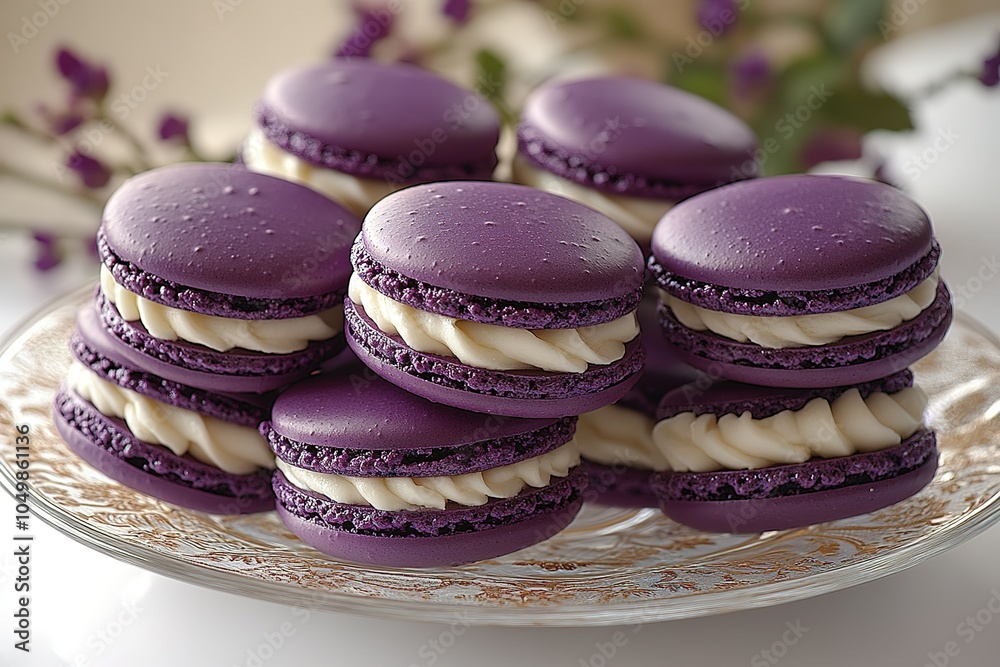 A plate of purple macaroons with white filling A plate of purple macaroons with white filling