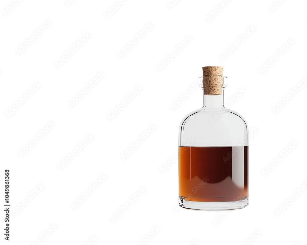 Elegant glass bottle filled with dark liquid on a white isolated background.