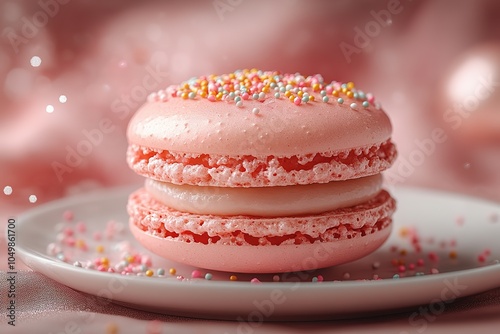 A pink macaron with sprinkles on top of a white plate photo